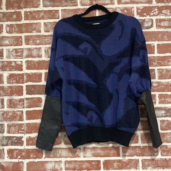 B17 Snap By F As In Frank Vintage Blue Black Patterned Mixed Media Knit Sweater - Picture 1 of 6